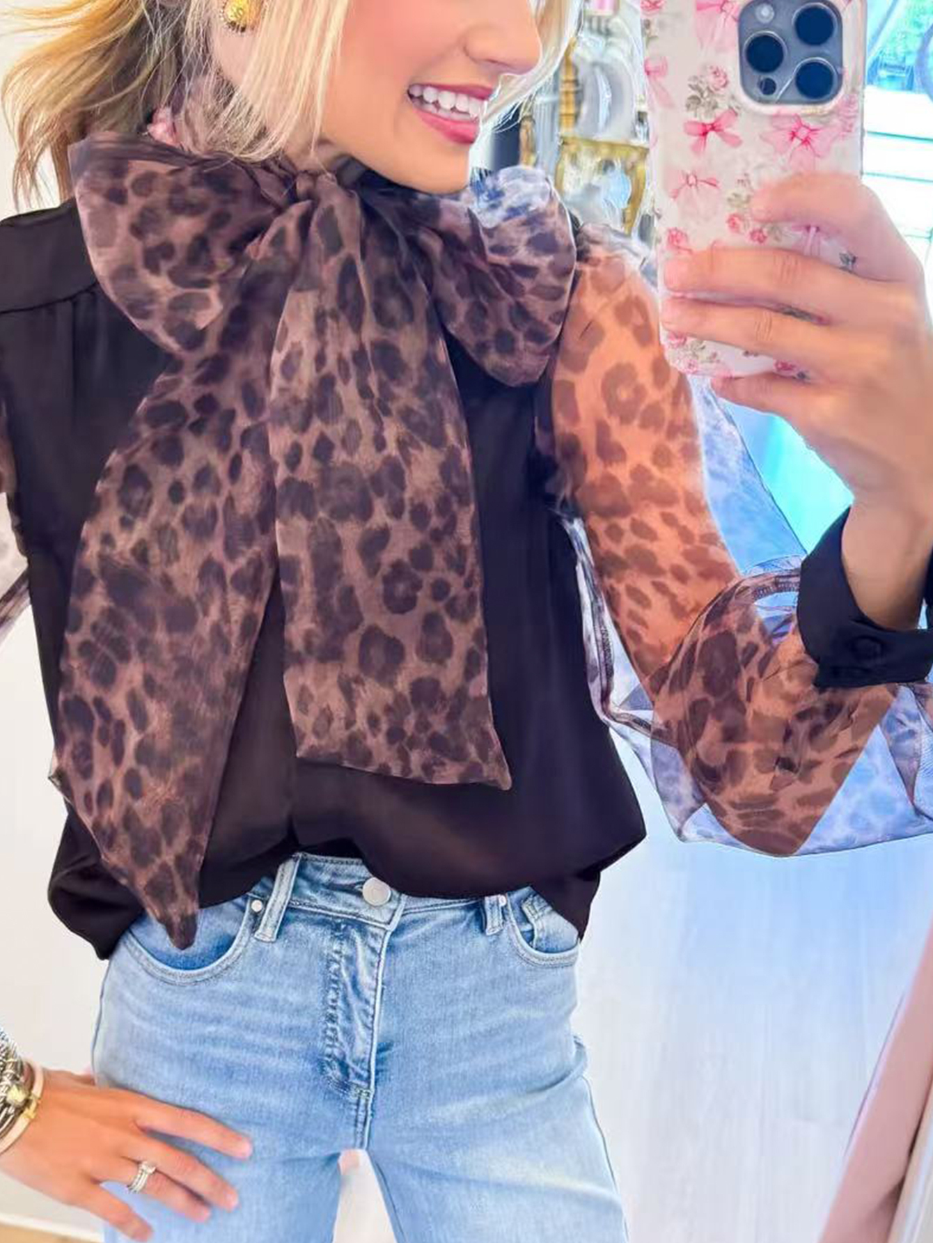 Women's Black Long Sleeve Blouse with Sheer Leopard Print Sleeves & Neck Tie