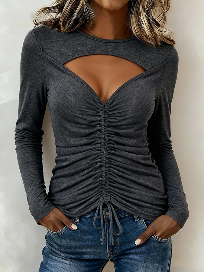Hollow‑Out Drawstring Ruched Slim Fit Long Sleeve Top