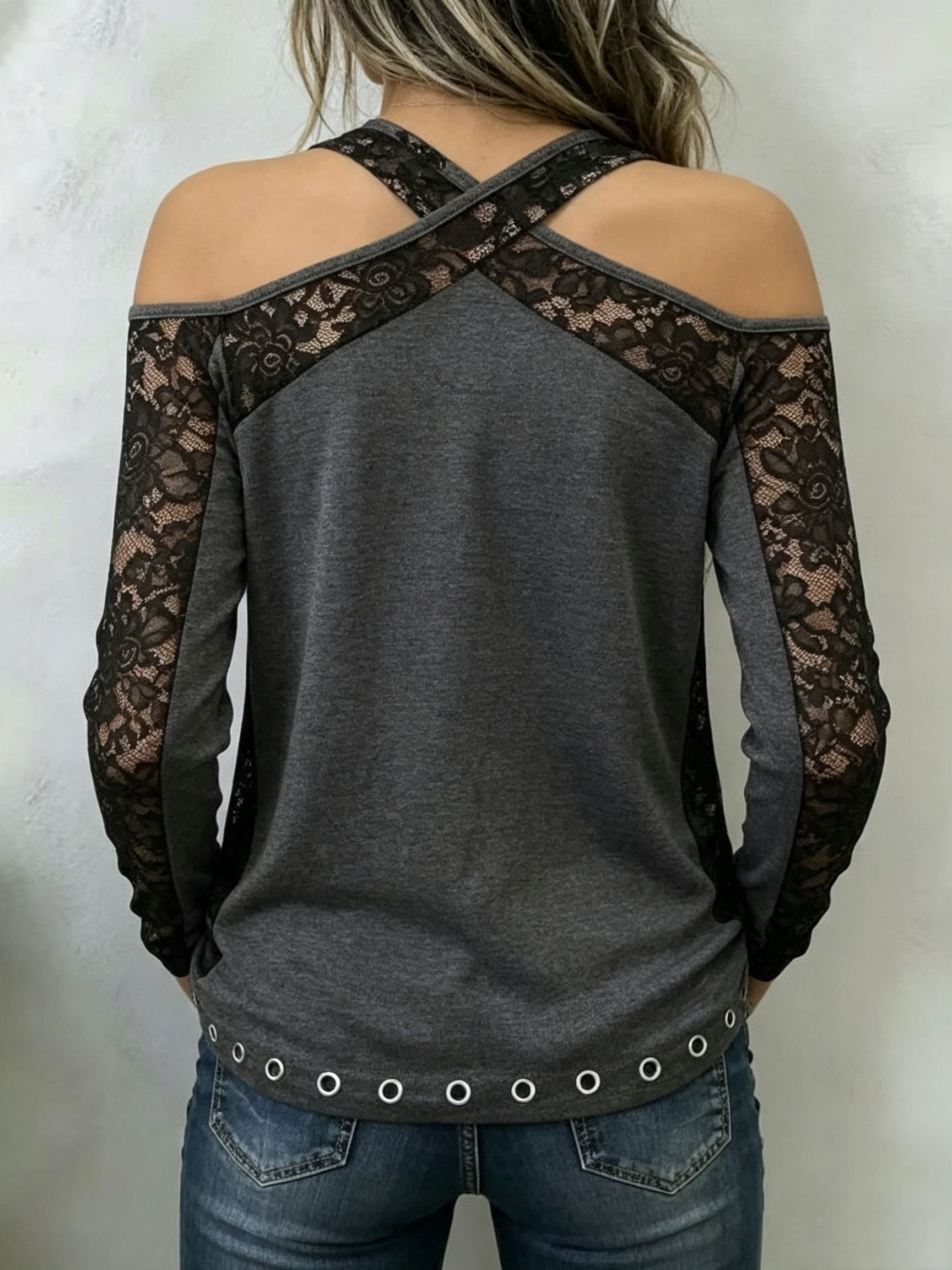 Skull Cross Graphic Lace Long Sleeve Criss‑Cross Off‑Shoulder Gothic Top