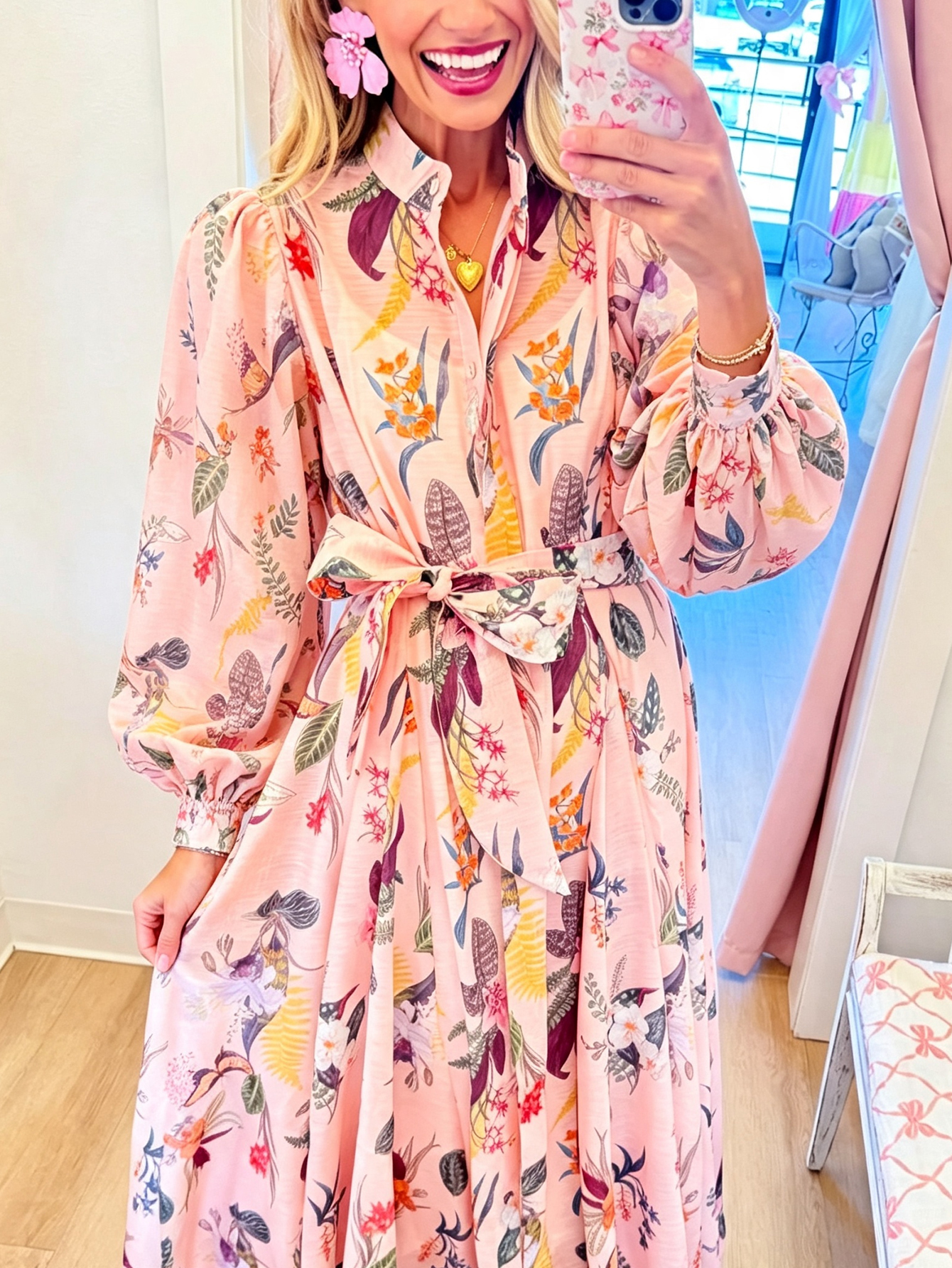 Romantic Garden Maxi Dress – Floral Print Belted Shirt Dress with Bishop Sleeves