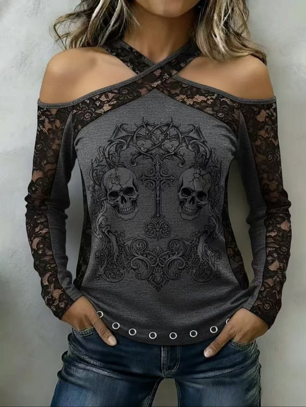 Skull Cross Graphic Lace Long Sleeve Criss‑Cross Off‑Shoulder Gothic Top
