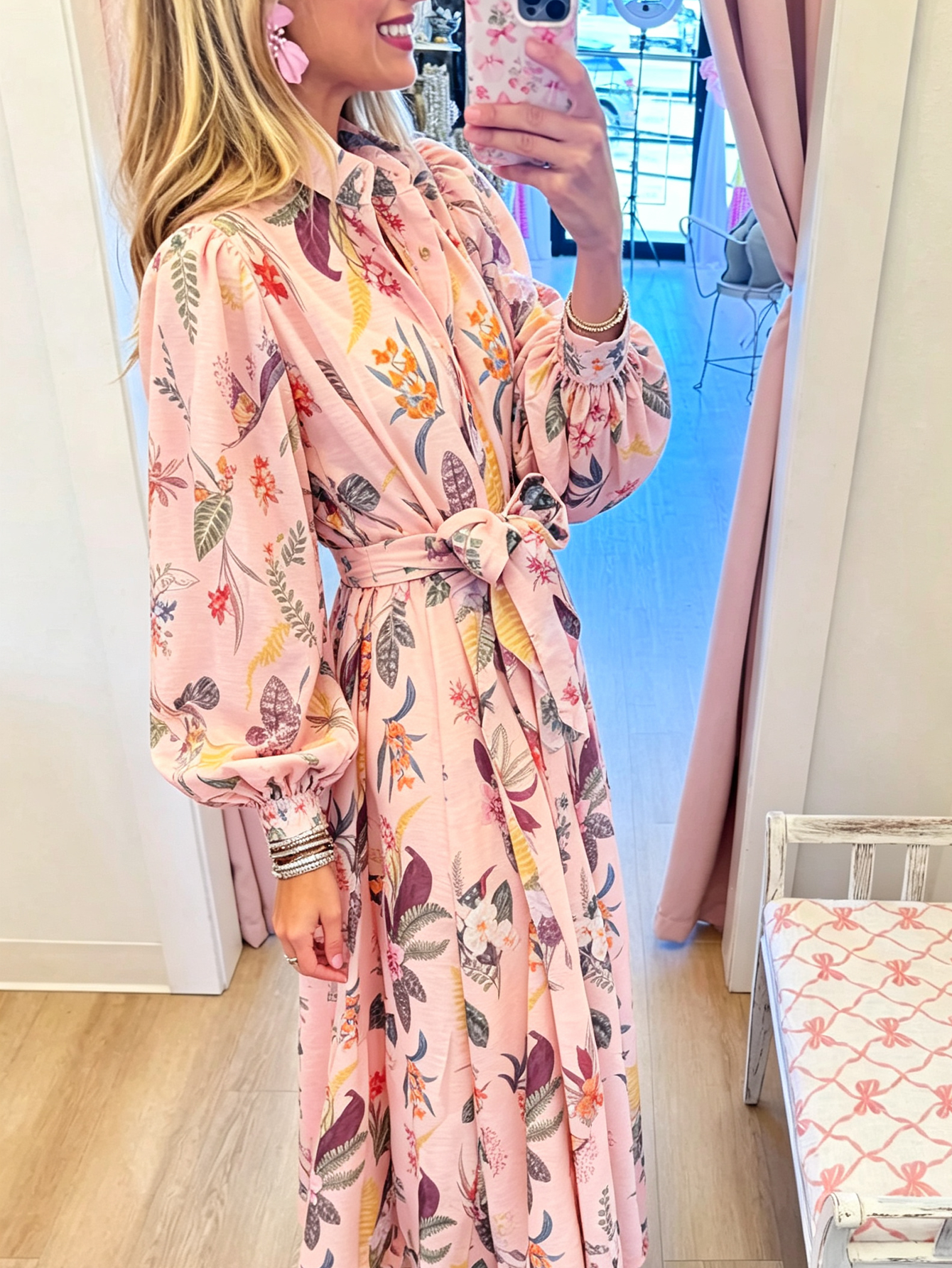 Romantic Garden Maxi Dress – Floral Print Belted Shirt Dress with Bishop Sleeves
