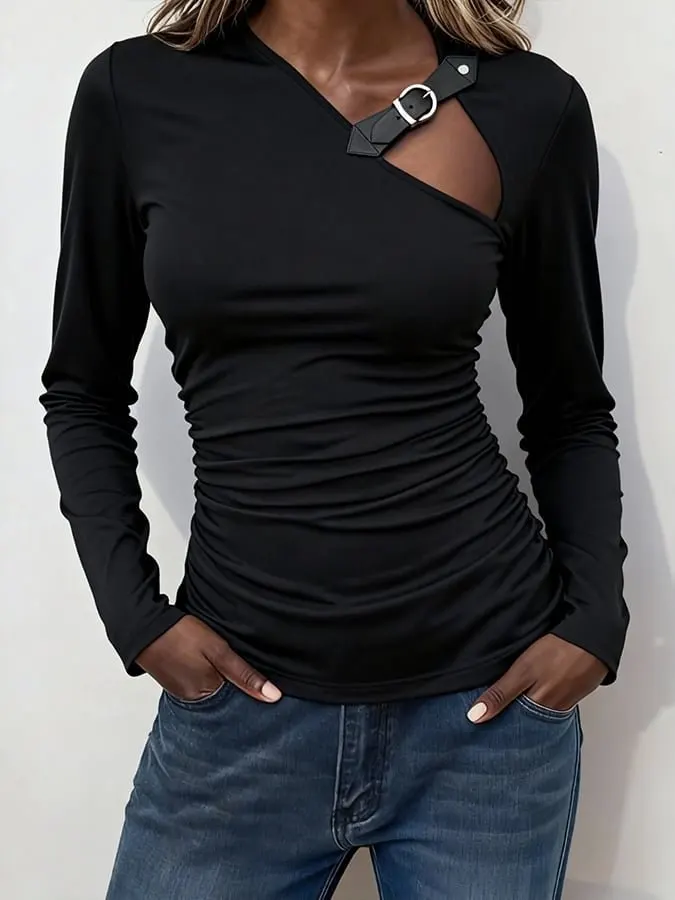 Women Asymmetrical Neck Hollow‑Out Long‑sleeve Top
