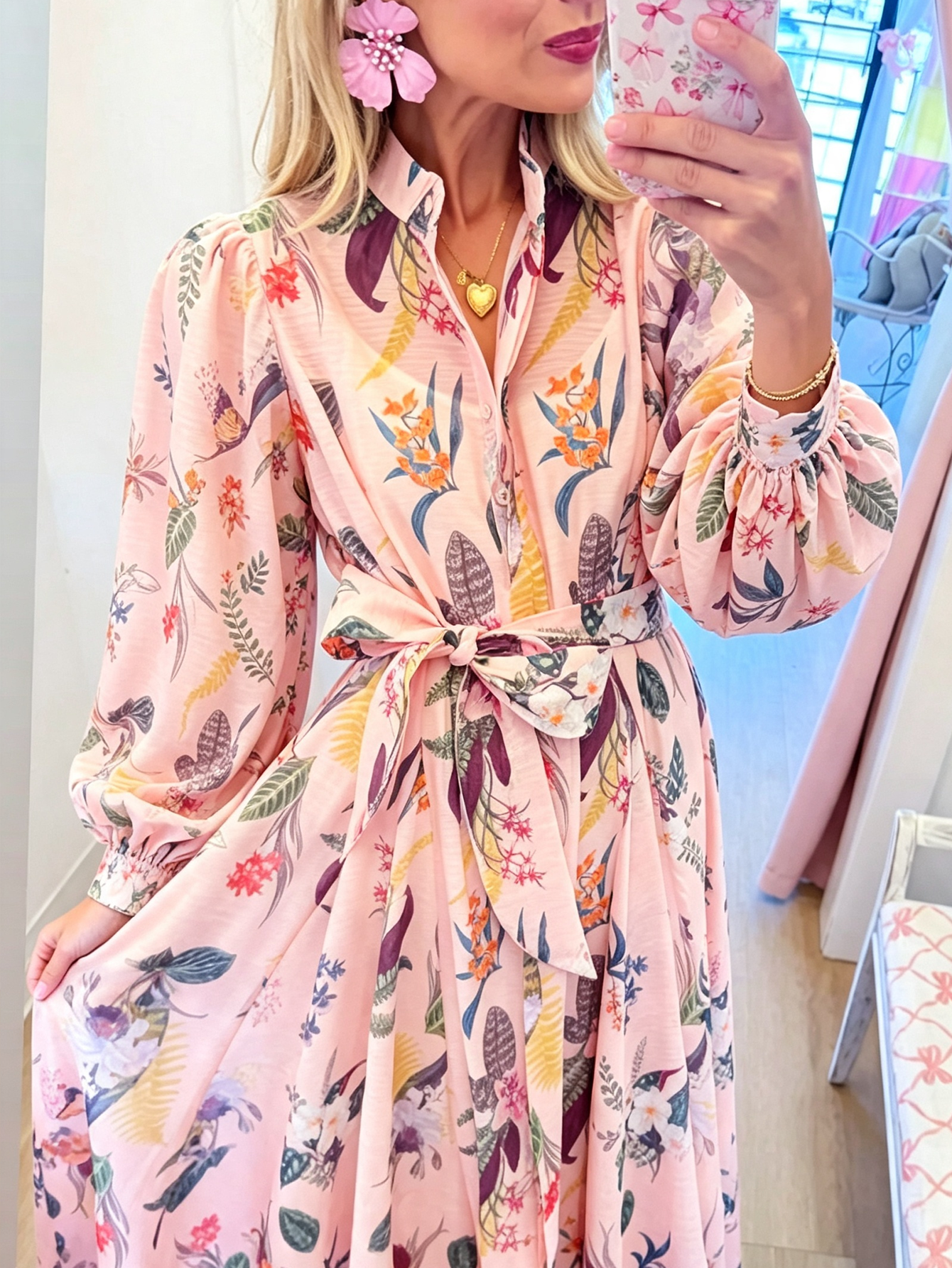 Romantic Garden Maxi Dress – Floral Print Belted Shirt Dress with Bishop Sleeves
