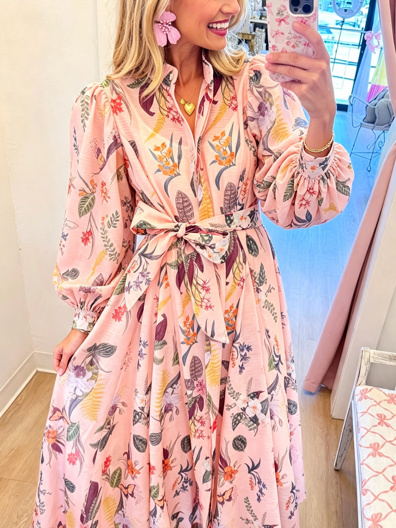 Romantic Garden Maxi Dress – Floral Print Belted Shirt Dress with Bishop Sleeves