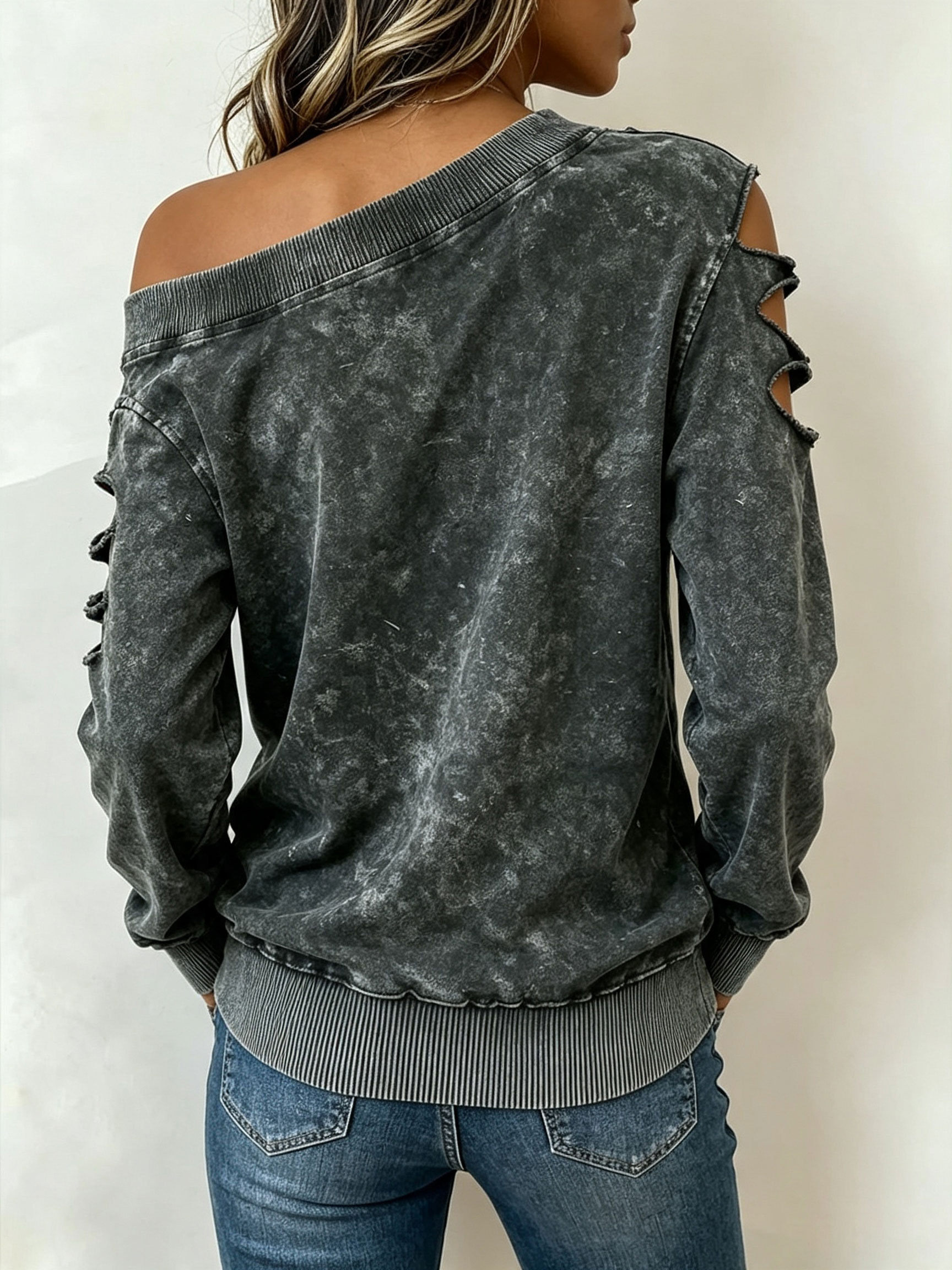 Grunge Washed Off‑Shoulder Hollow Cut‑Out Long Sleeve Knit Top.