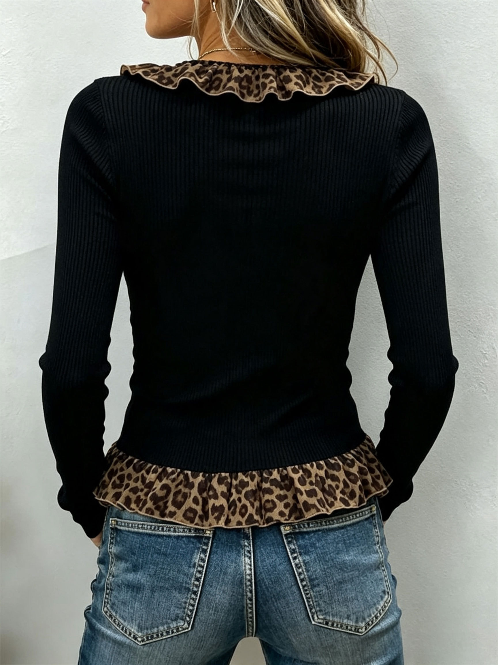 Leopard Ruffle Deep V Neck Ribbed Knit Long Sleeve Slim Top
