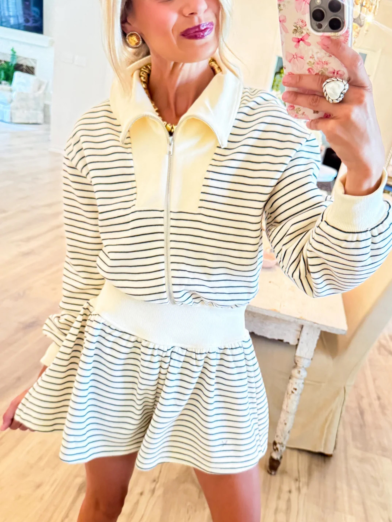 Retro Stripe & Cream Contrast Zip-Up Romper