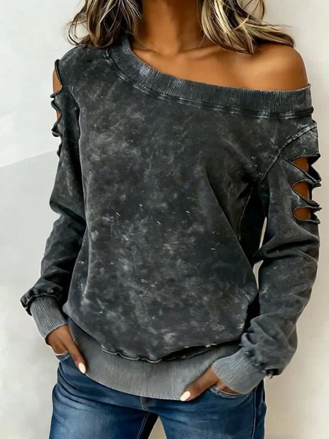 Grunge Washed Off‑Shoulder Hollow Cut‑Out Long Sleeve Knit Top.