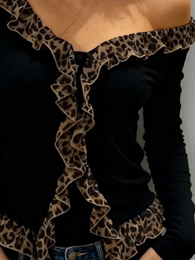 Leopard Ruffle Deep V Neck Ribbed Knit Long Sleeve Slim Top