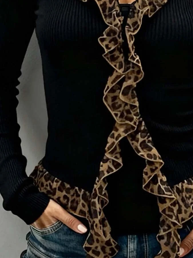 Leopard Ruffle Deep V Neck Ribbed Knit Long Sleeve Slim Top