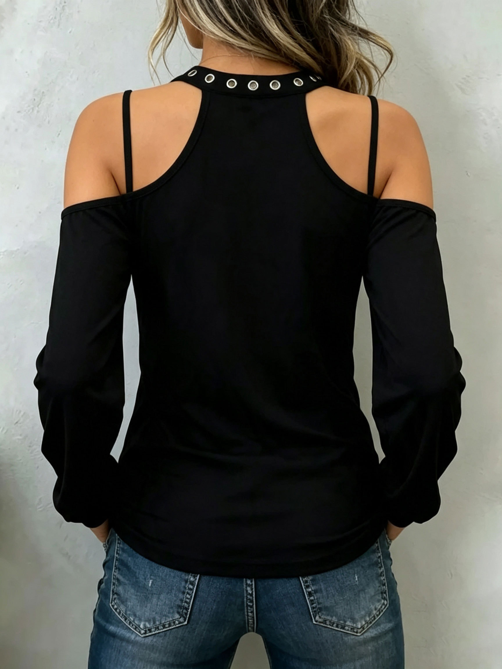 Black Eyelet Decor Halter Cut‑Out Cold Shoulder Long Sleeve Tops.