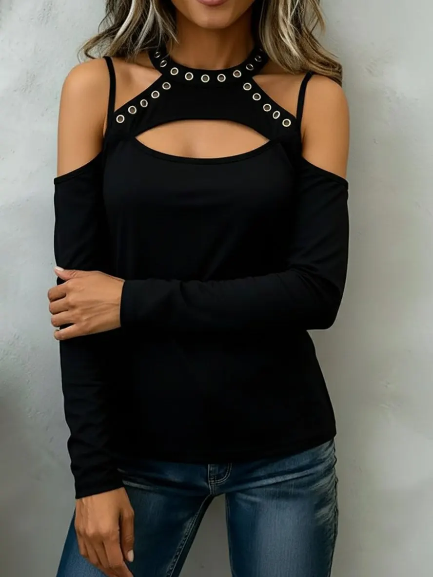 Black Eyelet Decor Halter Cut‑Out Cold Shoulder Long Sleeve Tops.