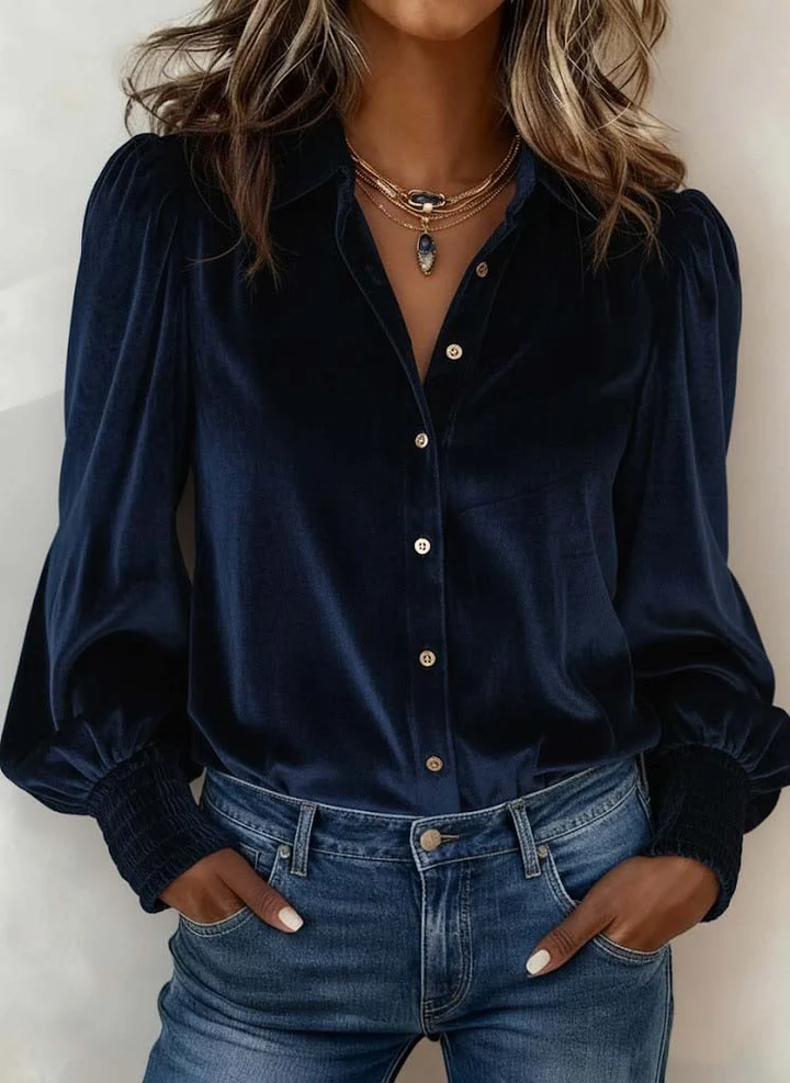 Navy Blue Velvet Collared Shirt, Puffed Balloon Long‑Sleeve Blouse.