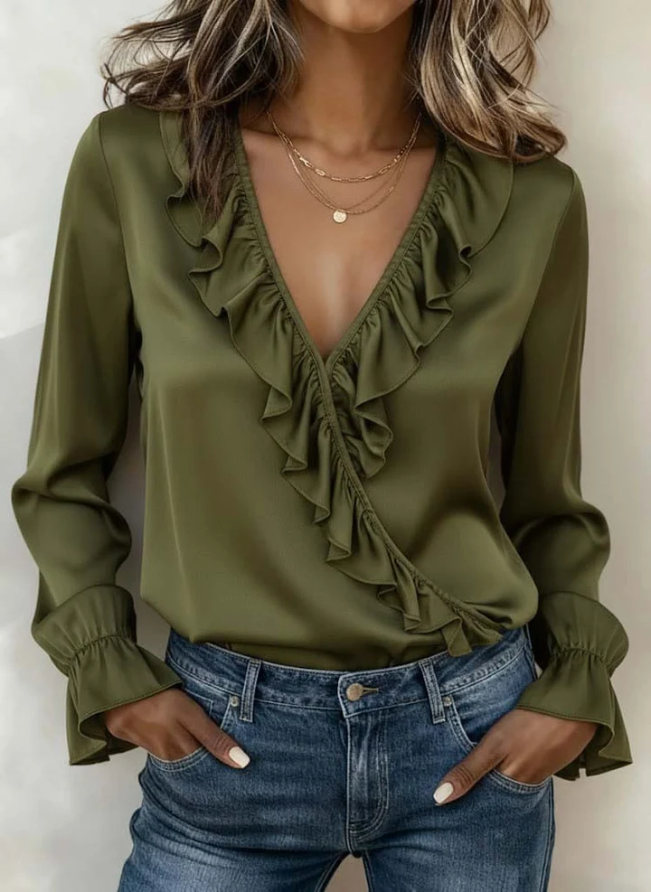 Olive‑Green Solid V‑Neck Ruffle Trim Flare Long‑Sleeve Women Blouse.
