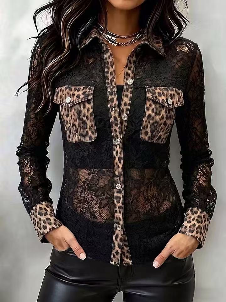 Women Leopard Patchwork Sheer Lace Long‑Sleeve Button‑Down Shirt.