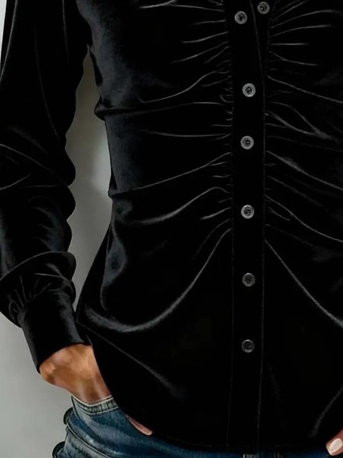 Black Velvet Turn‑down Collar Shirt Front Ruched Waist Long‑Sleeve Blouse.