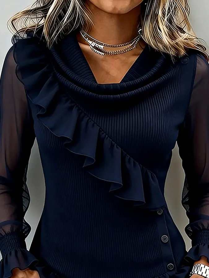 Women's Ruffle Sheer Mesh Long‑Sleeve Cowl Neck Spliced Knit Top.