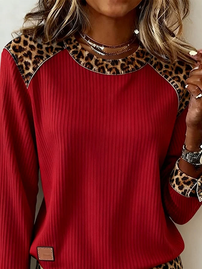 Red Ribbed Knit Leopard Print Patchwork Raglan Long Sleeve Top.
