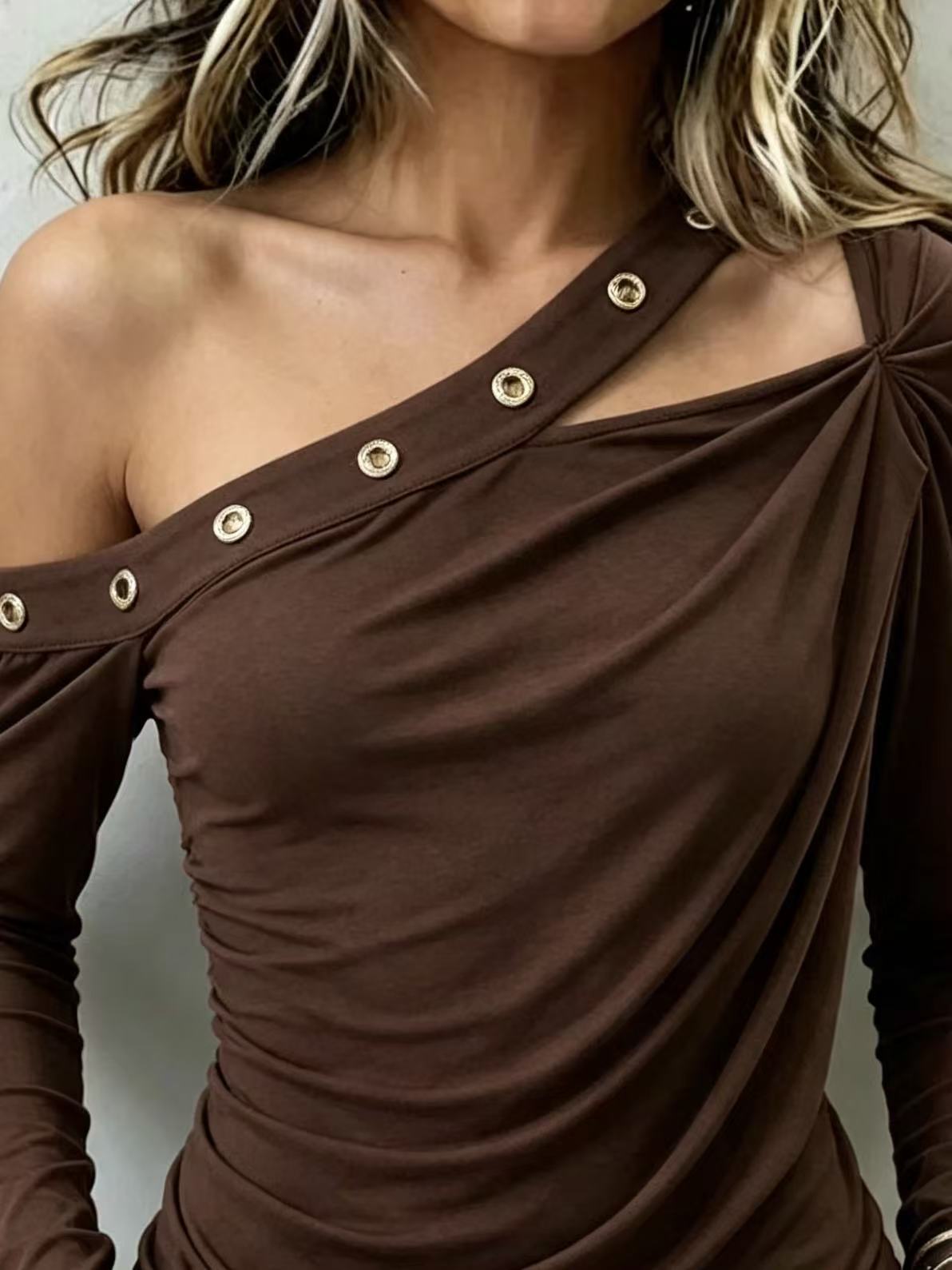 Women Brown Twisted Asymmetrical One‑Shoulder Metal Eyelet Long Sleeve Top.