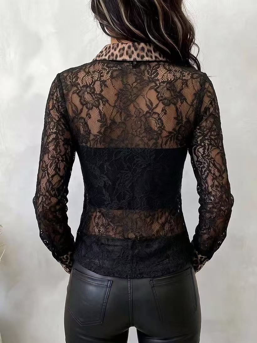 Women Leopard Patchwork Sheer Lace Long‑Sleeve Button‑Down Shirt.