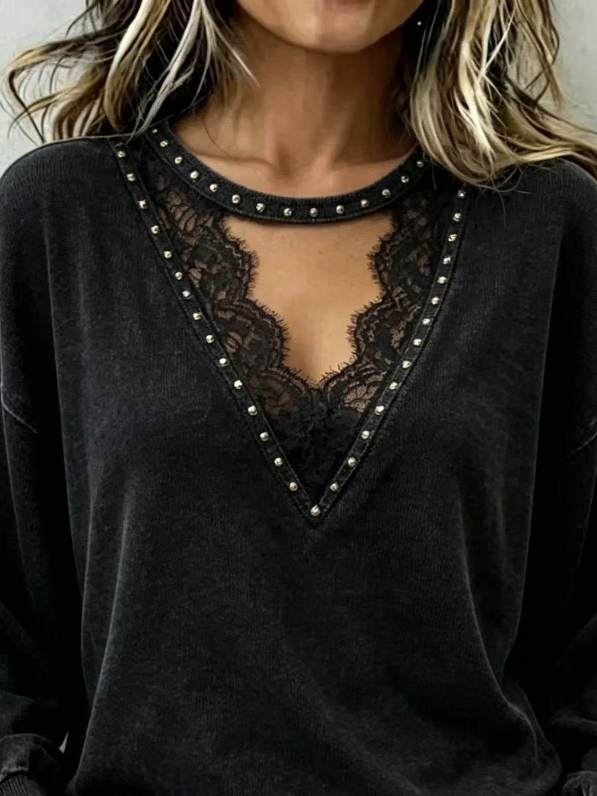 Vintage Washed Black Lace Cut‑Out Rivet Detail Casual Pullover.