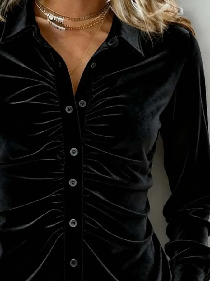 Black Velvet Turn‑down Collar Shirt Front Ruched Waist Long‑Sleeve Blouse.