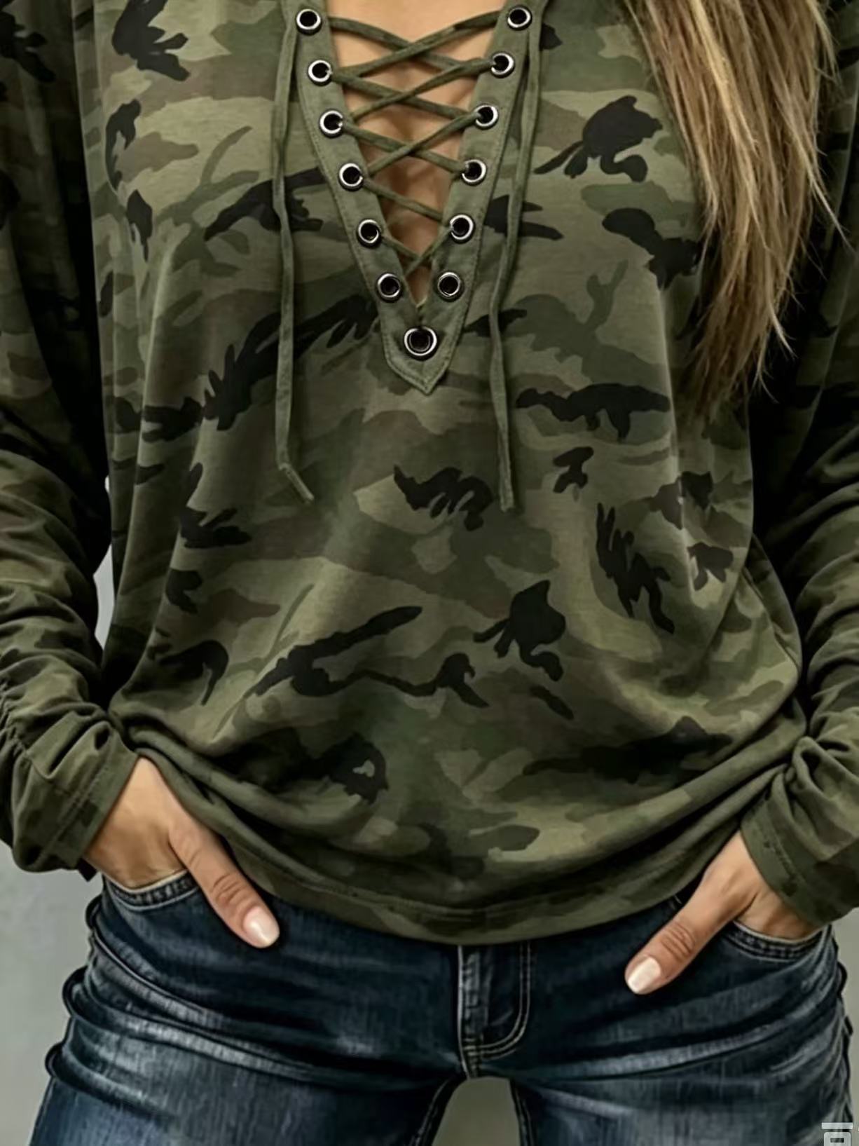 Women Camouflage Lace‑Up Metal Eyelet Ruched Sleeve Long Sleeve Top.