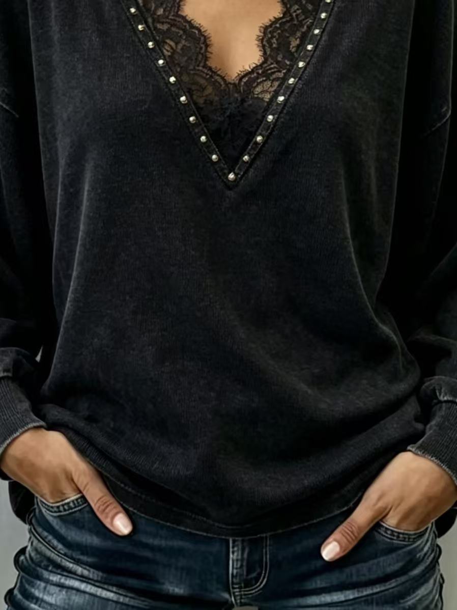 Vintage Washed Black Lace Cut‑Out Rivet Detail Casual Pullover.