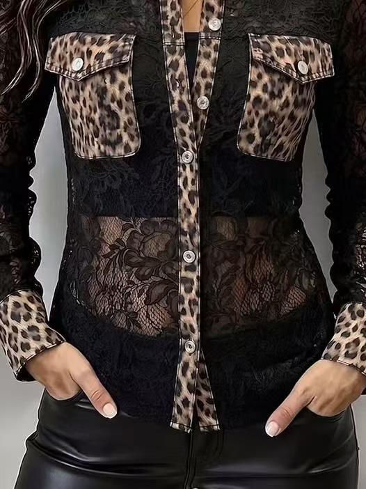 Women Leopard Patchwork Sheer Lace Long‑Sleeve Button‑Down Shirt.