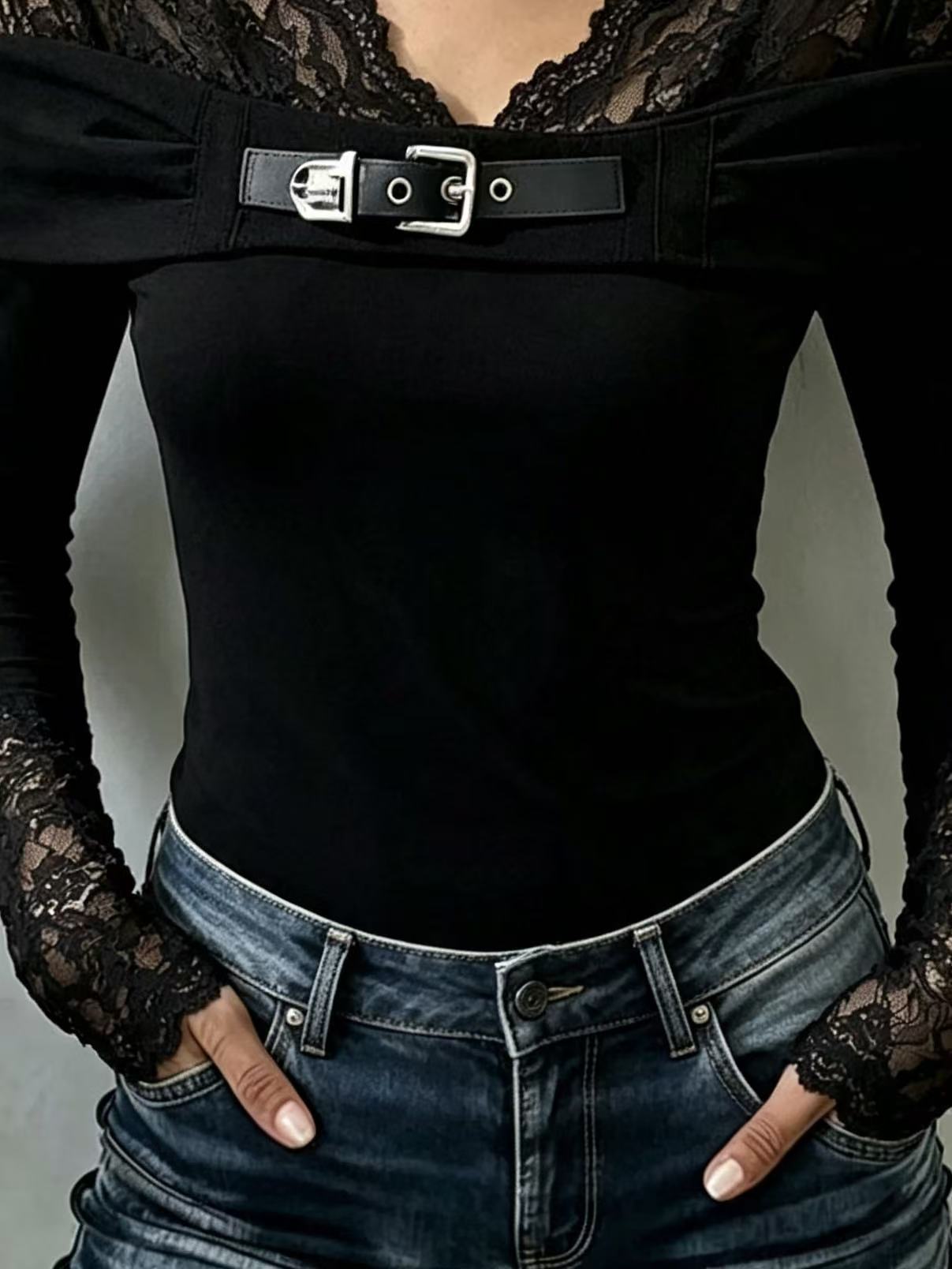 Women's V‑Neck Lace Patchwork Long‑Sleeve Slim‑Fit Top With Belt Buckle Decoration.