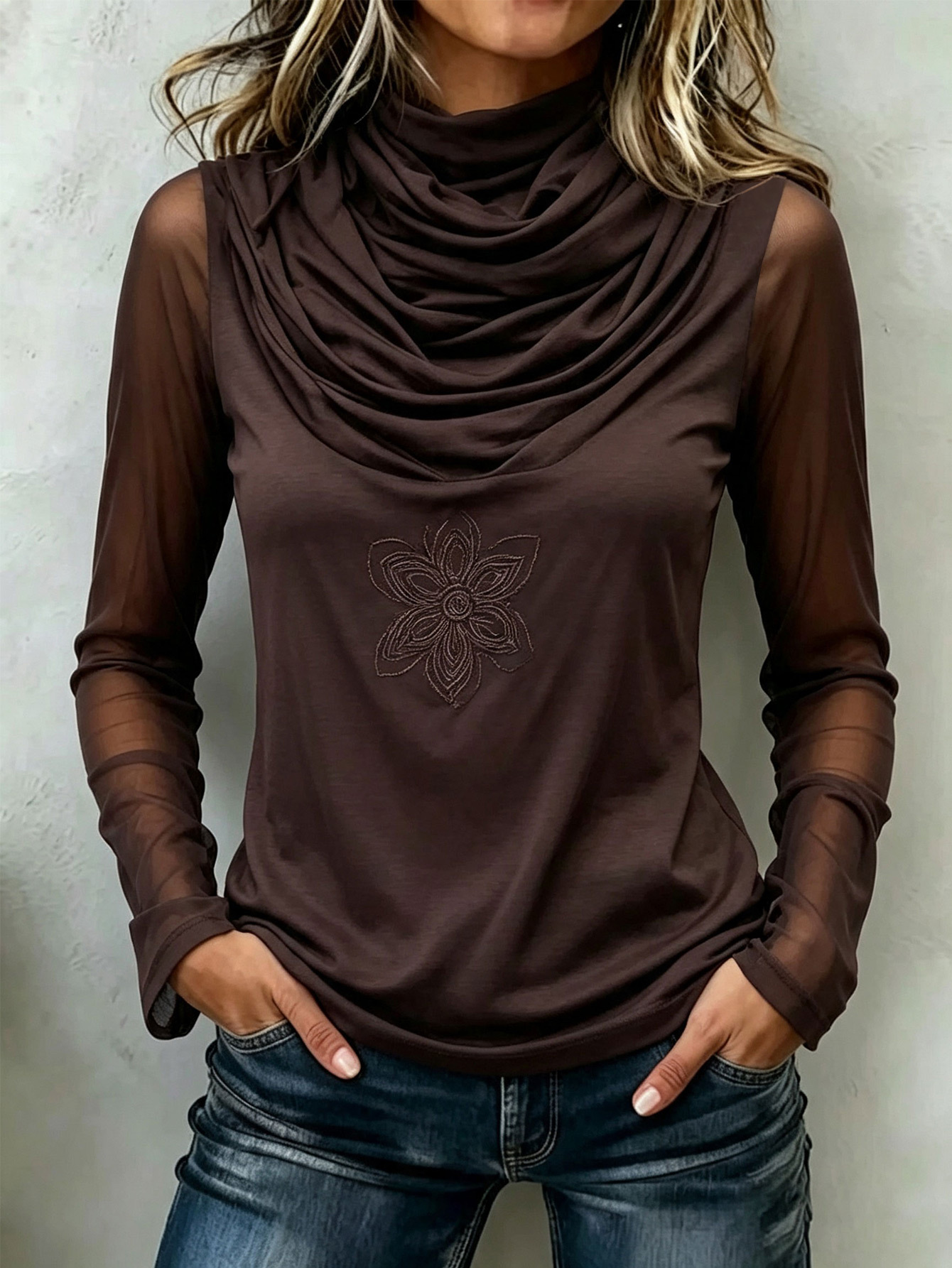 Women's Cowl‑Neck Mesh Splice Long‑Sleeve Top With Floral Embroidery.