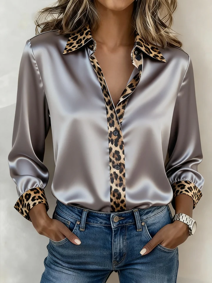 Women Satin Long‑Sleeve Shirt Leopard Print Collar And Cuff Patchwork Blouse.