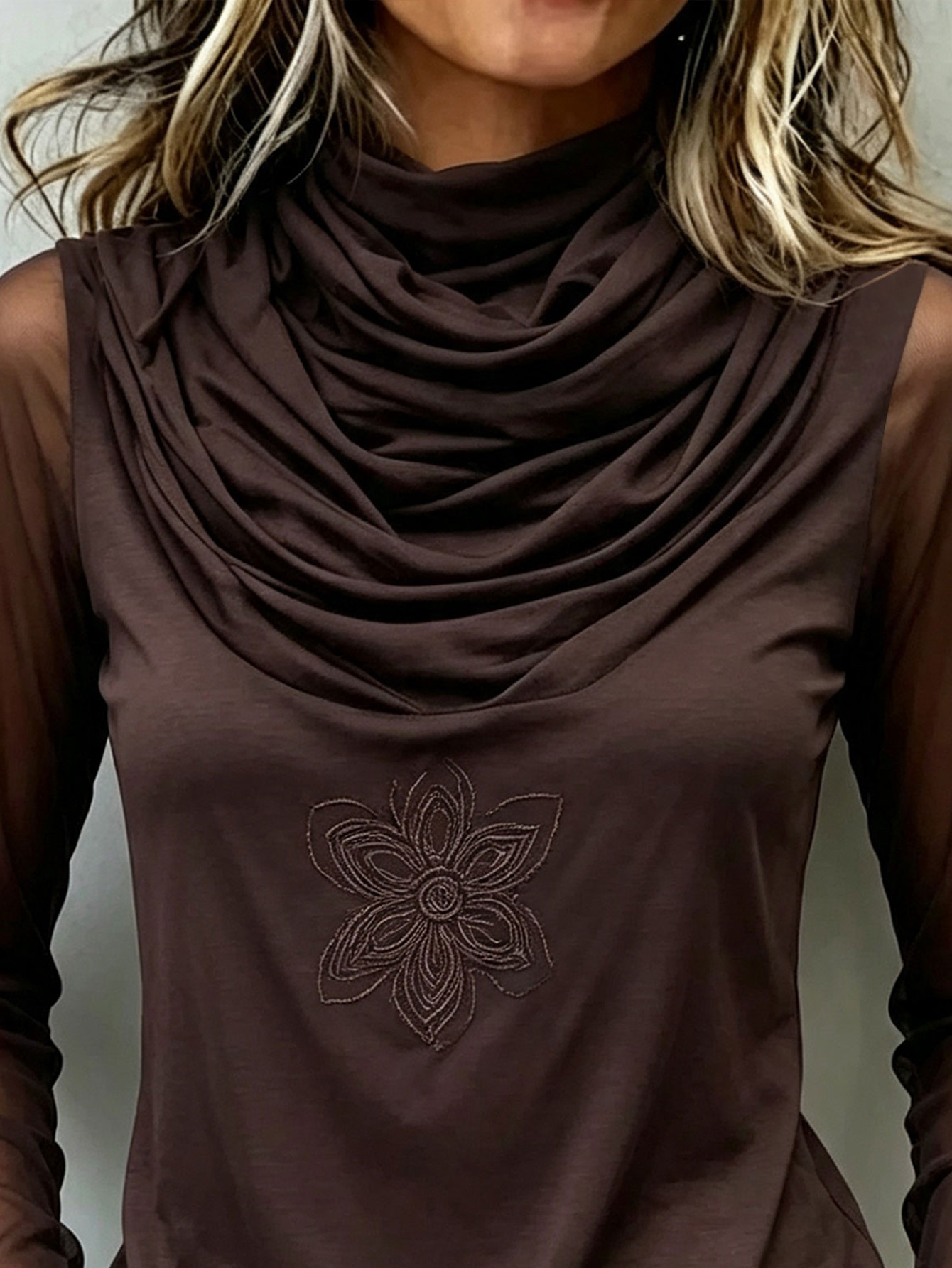 Women's Cowl‑Neck Mesh Splice Long‑Sleeve Top With Floral Embroidery.