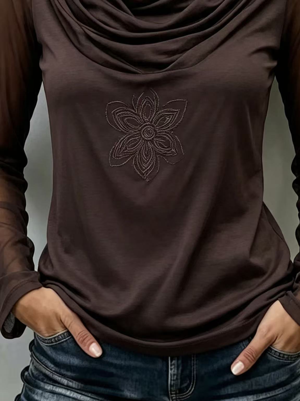 Women's Cowl‑Neck Mesh Splice Long‑Sleeve Top With Floral Embroidery.