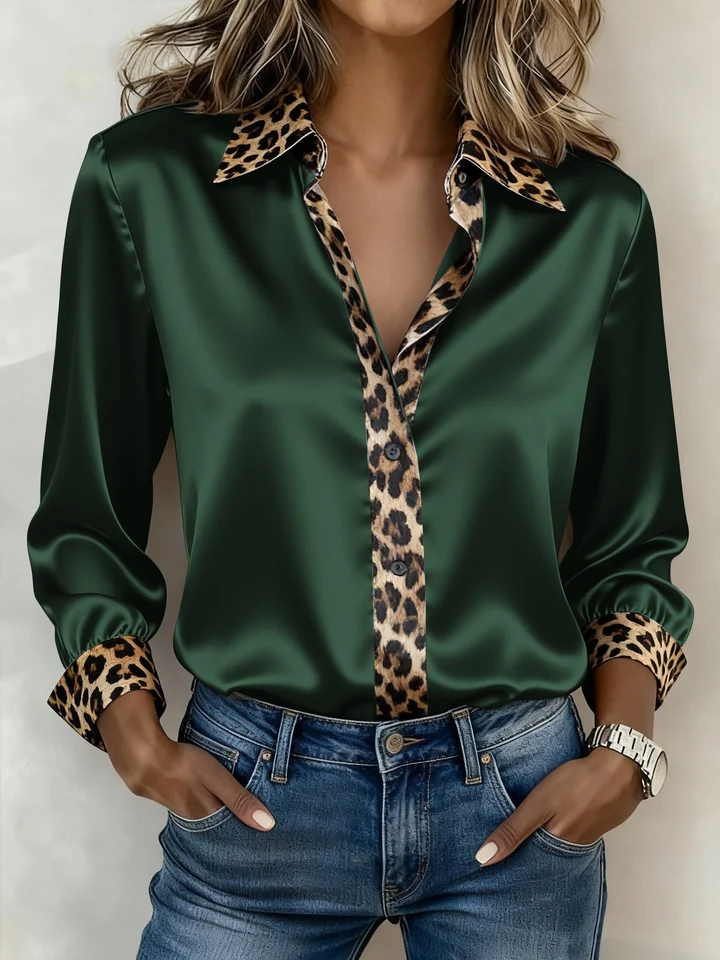 Women Satin Long‑Sleeve Shirt Leopard Print Collar And Cuff Patchwork Blouse.