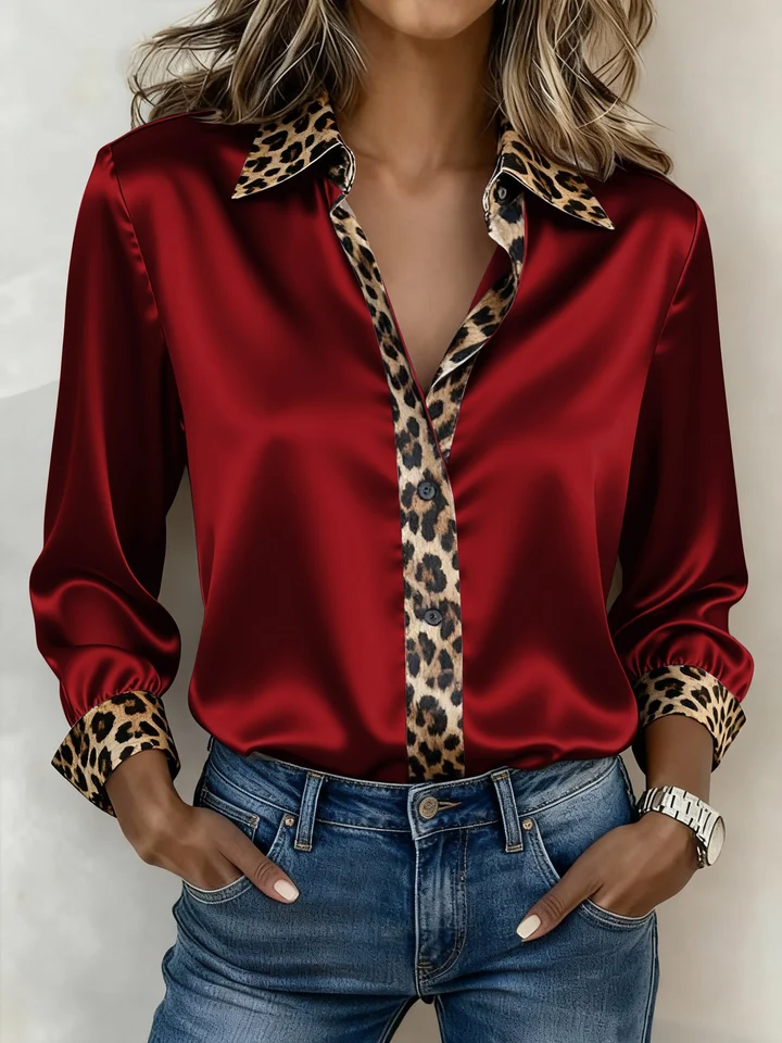 Women Satin Long‑Sleeve Shirt Leopard Print Collar And Cuff Patchwork Blouse.