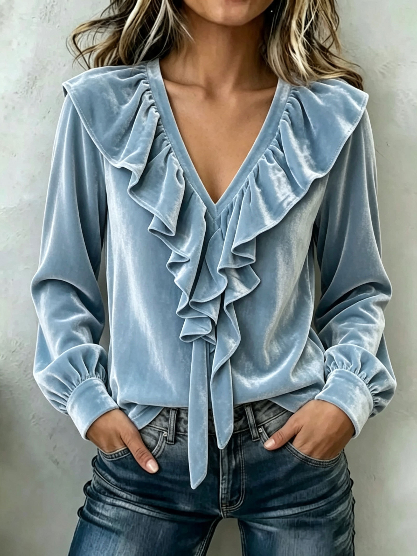 Women Velvet Ruffle V‑Neck Button‑Cuff Lantern Long‑Sleeve Blouse.