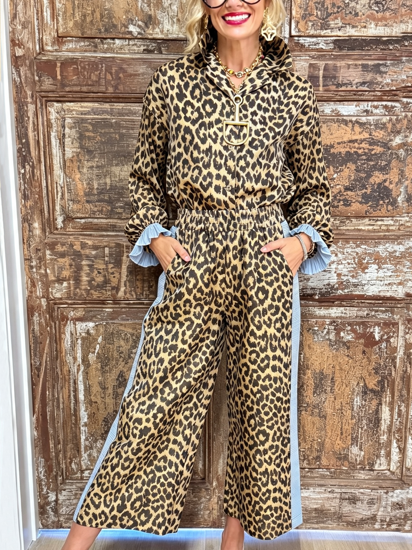 Leopard Print Blue Stripe Contrast Shirt & Wide Leg Pant Set