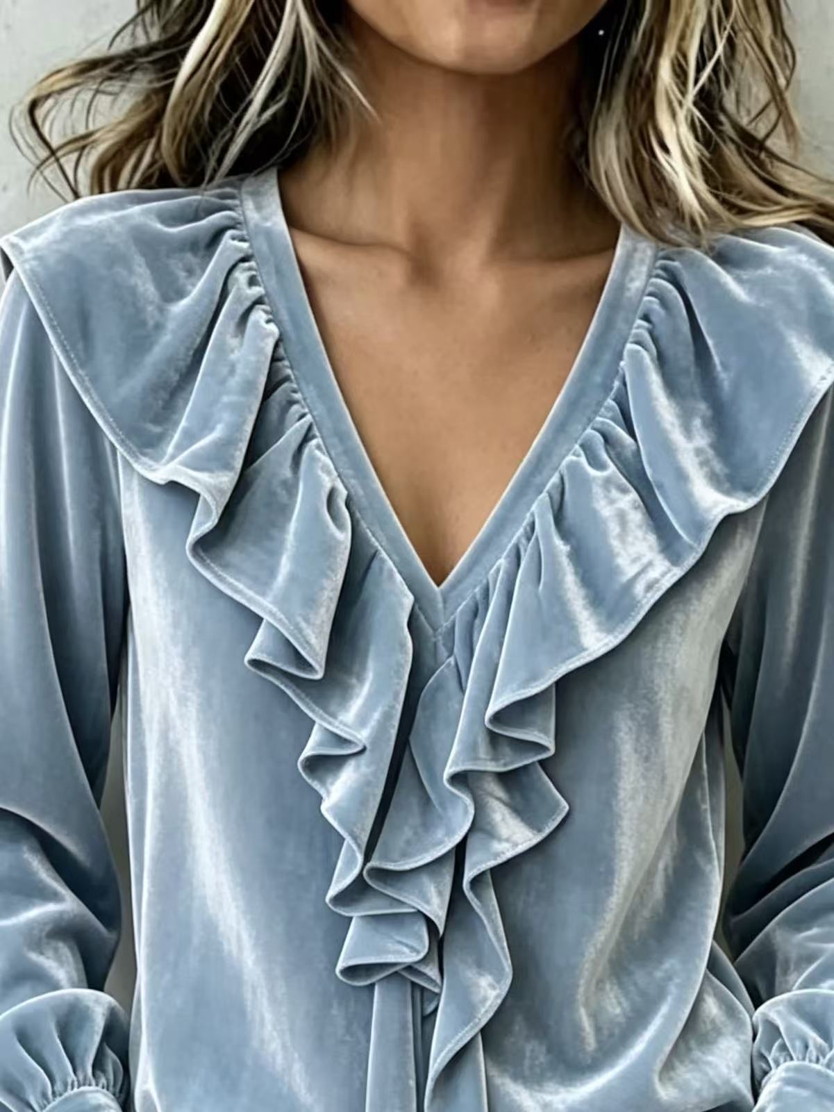 Women Velvet Ruffle V‑Neck Button‑Cuff Lantern Long‑Sleeve Blouse.
