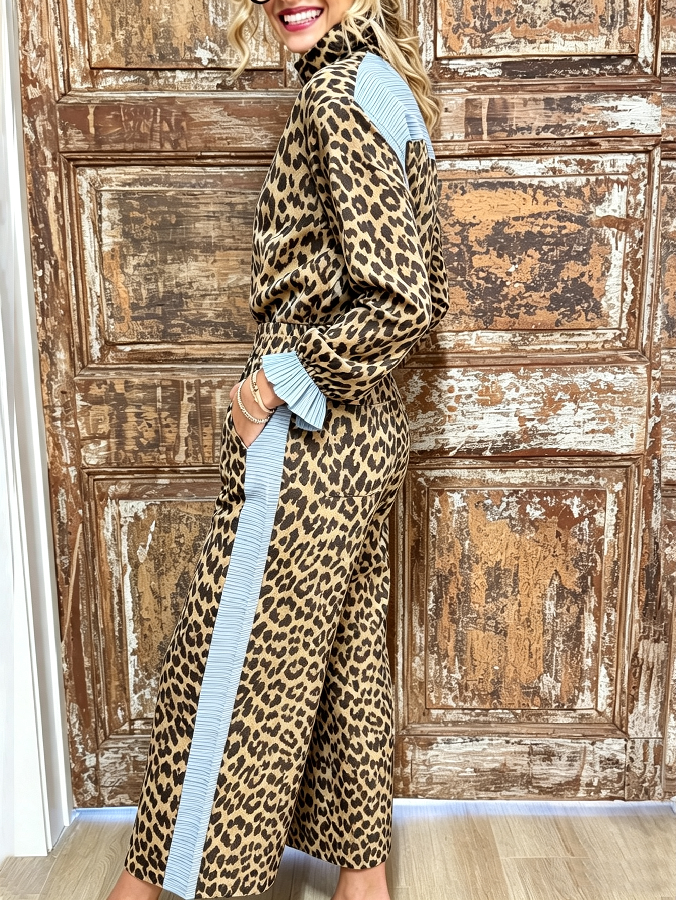 Leopard Print Blue Stripe Contrast Shirt & Wide Leg Pant Set