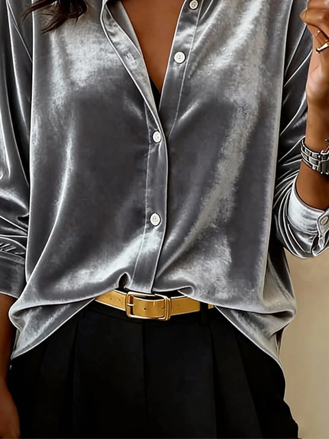 Women Grey Velvet Lapel Single‑Button Down Loose Long Sleeve Blouse.
