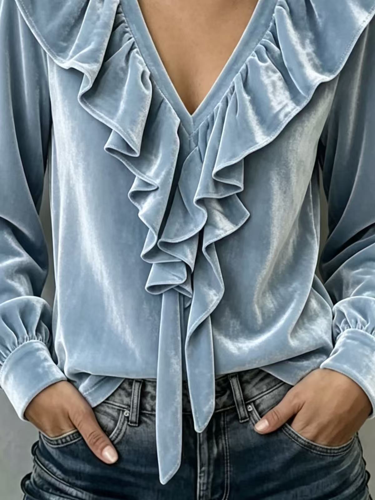 Women Velvet Ruffle V‑Neck Button‑Cuff Lantern Long‑Sleeve Blouse.