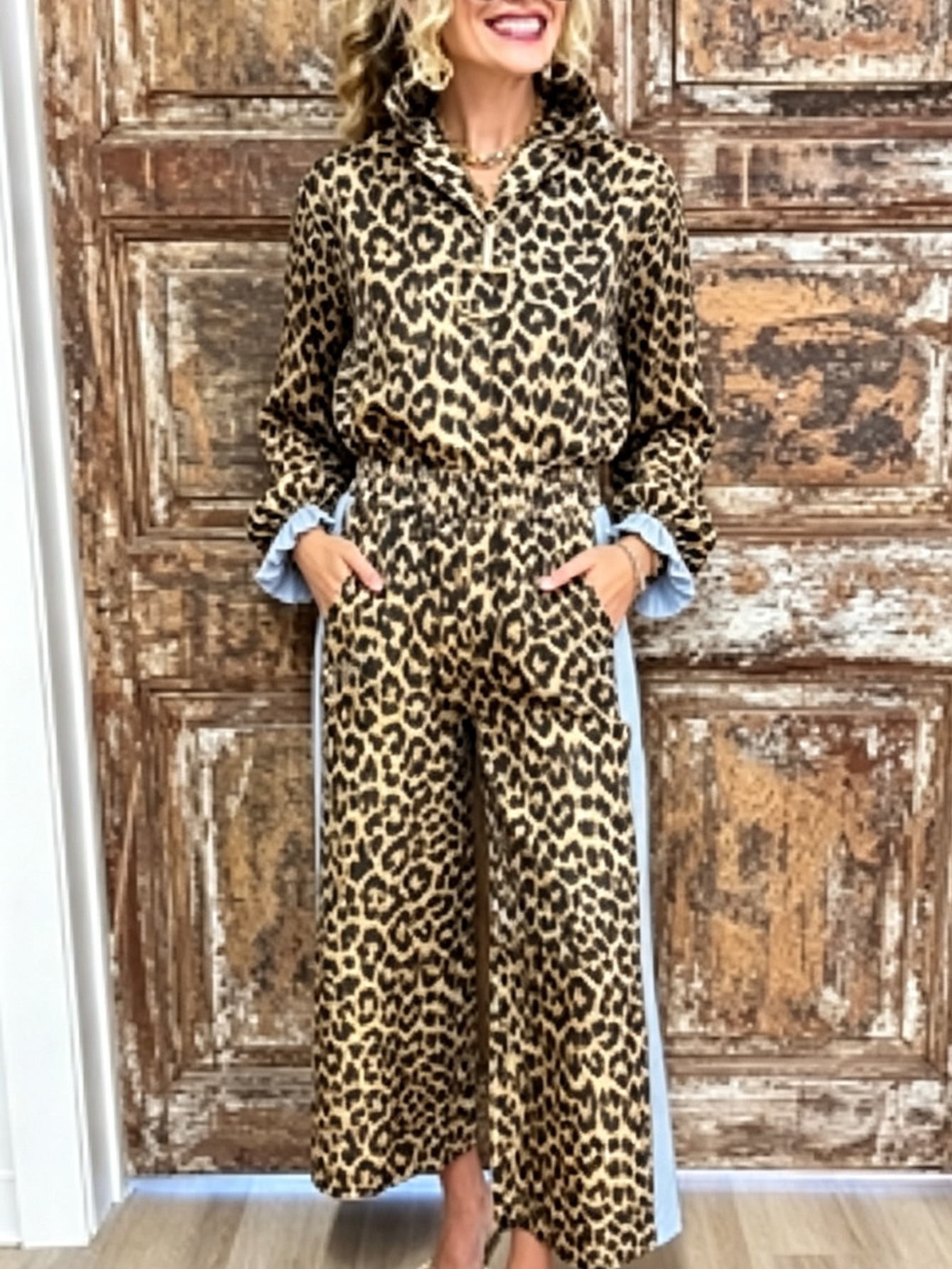 Leopard Print Blue Stripe Contrast Shirt & Wide Leg Pant Set