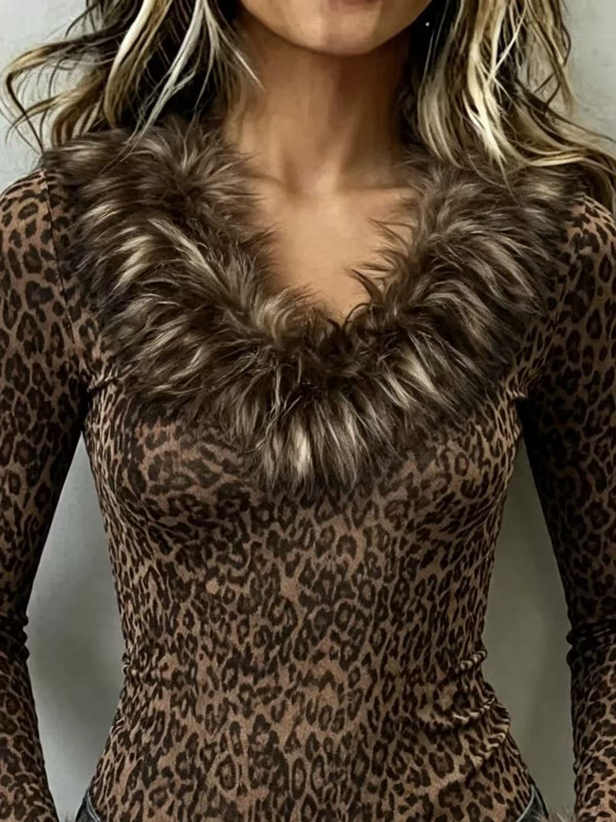 Women Leopard‑Print Fluffy Trim V‑Neck Slim Fit Long‑Sleeve Top.