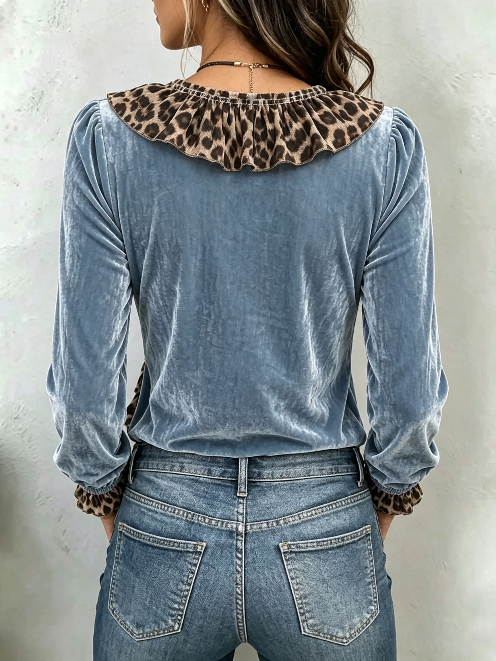 Women Vintage Leopard‑Print Patchwork Ruffle V‑Neck Velvet Top.
