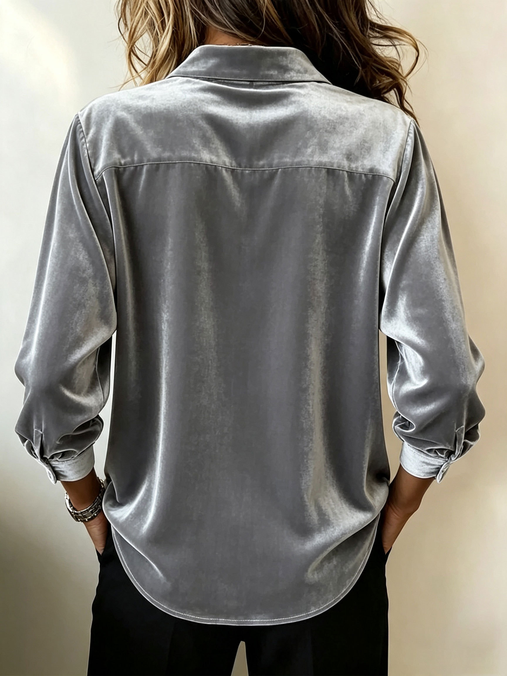 Women Grey Velvet Lapel Single‑Button Down Loose Long Sleeve Blouse.