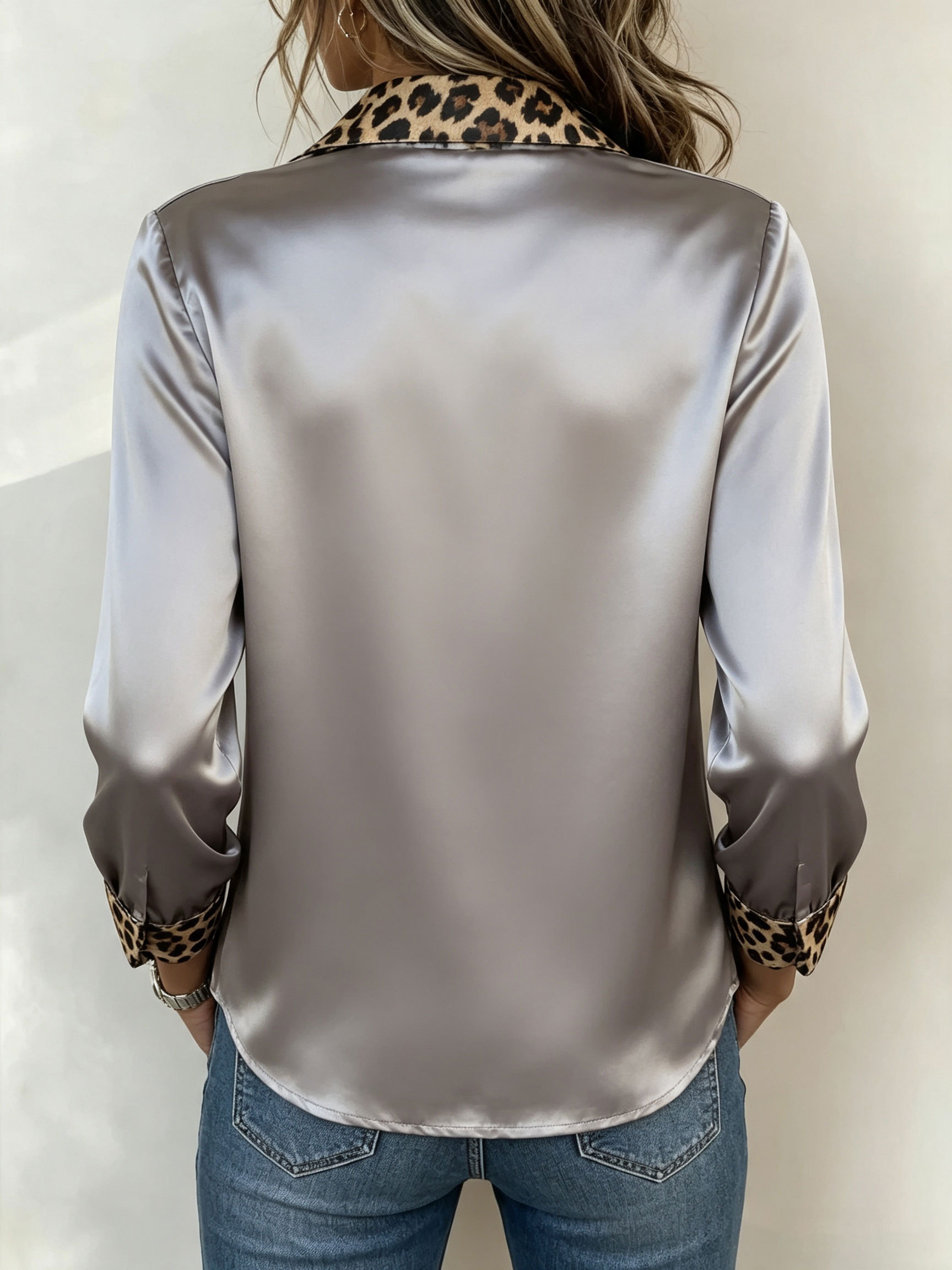 Women Satin Long‑Sleeve Shirt Leopard Print Collar And Cuff Patchwork Blouse.