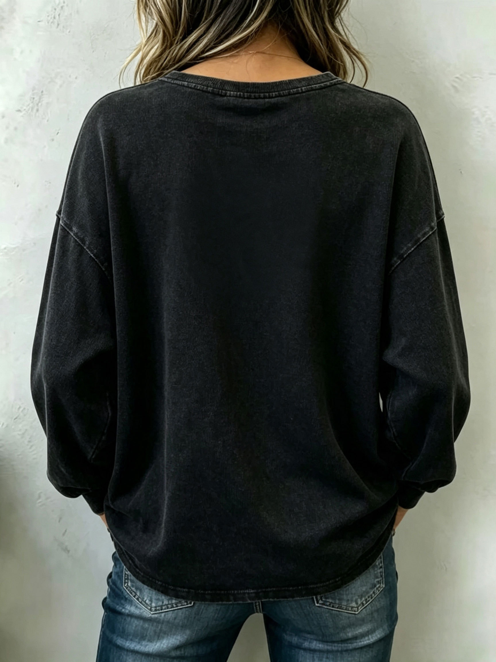 Vintage Washed Black Lace Cut‑Out Rivet Detail Casual Pullover.