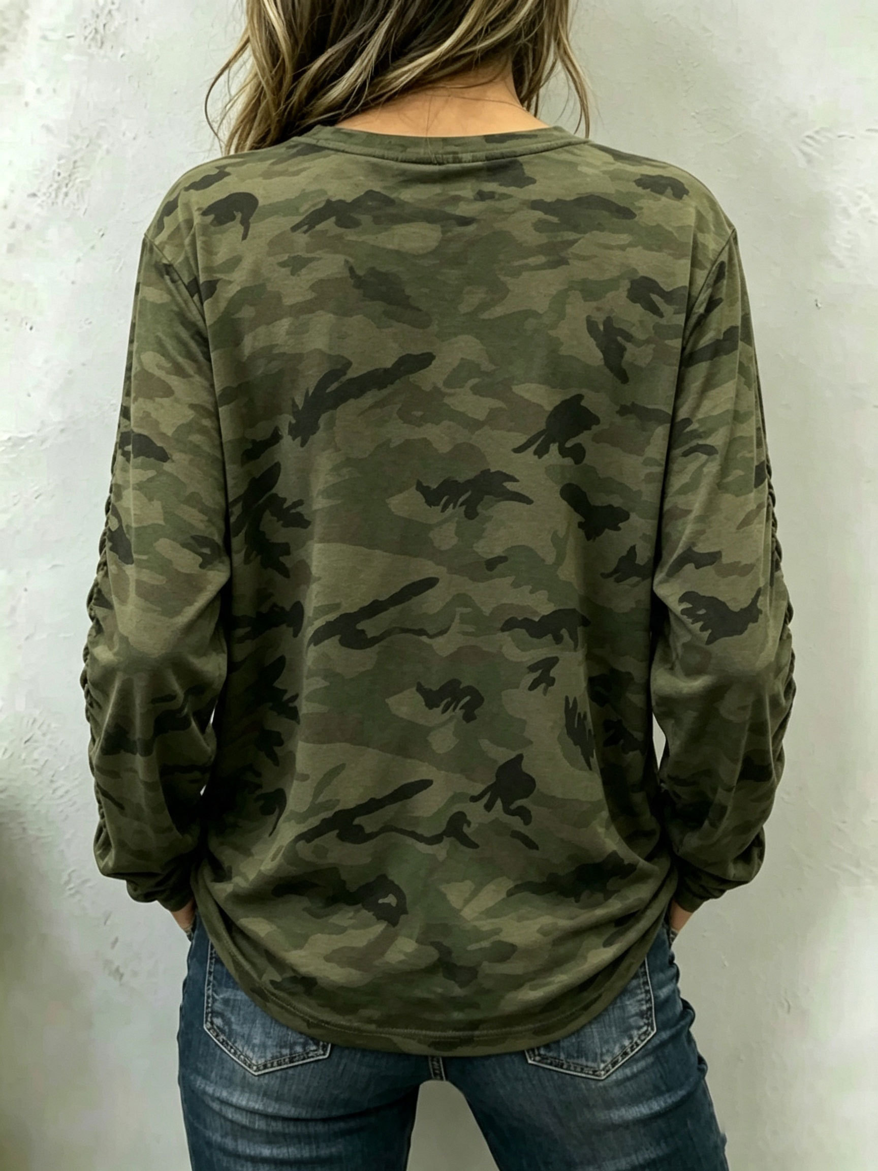 Women Camouflage Lace‑Up Metal Eyelet Ruched Sleeve Long Sleeve Top.